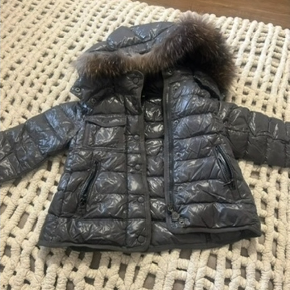 Moncler Gamme Bleu Shiny Gray Puffer Jacket with Fur Trim